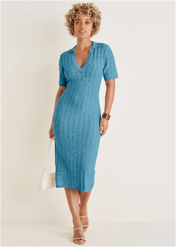 Midi dresses with gathered skirts for a full and flowing silhouette Pointelle Sweater Dress - Blue