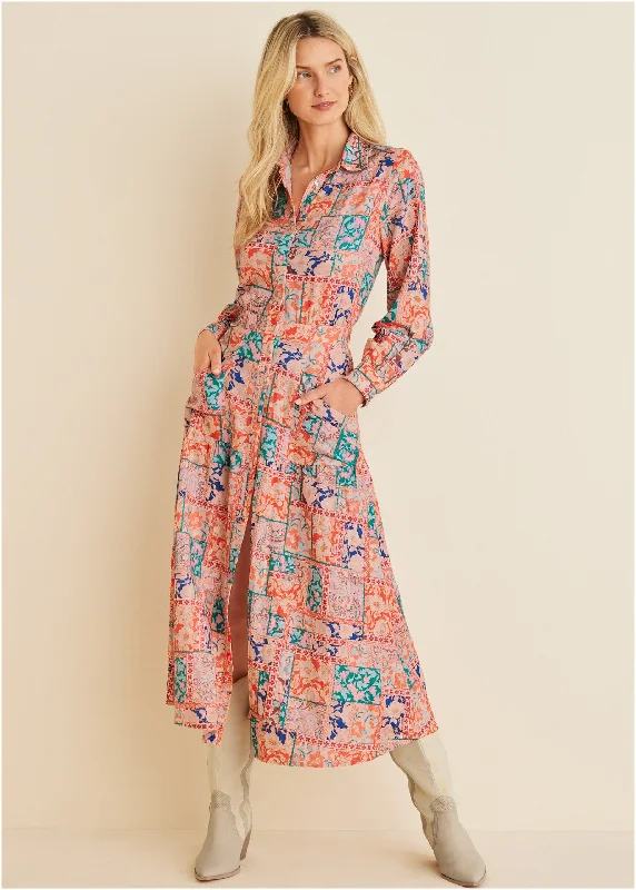 Midi dresses with ruffled sleeves for a more feminine and voluminous look Cotton Linen Shirt Midi Dress - Venetian Patchwork Midi dresses with ruffled sleeves for a more feminine and voluminous look Cotton Linen Shirt Midi Dress - Venetian Patchwork