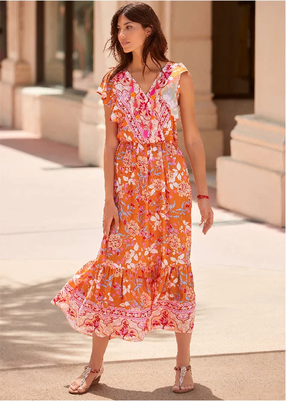 Midi dresses with pleated skirts for a timeless and elegant appeal Flutter Sleeve Midi Dress - Orange Multi Midi dresses with pleated skirts for a timeless and elegant appeal Flutter Sleeve Midi Dress - Orange Multi