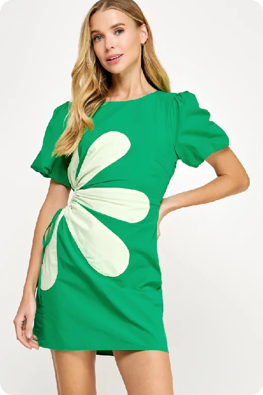 Mini dresses with keyhole necklines Junie Daisy Puff Sleeve Mini Dress in Emerald