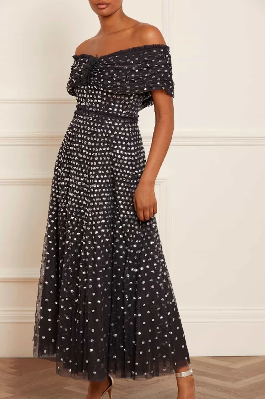 Midi dresses with keyhole backs for a flirty and unexpected detail Grace Gloss Off-Shoulder Ankle Gown Midi dresses with keyhole backs for a flirty and unexpected detail Grace Gloss Off-Shoulder Ankle Gown