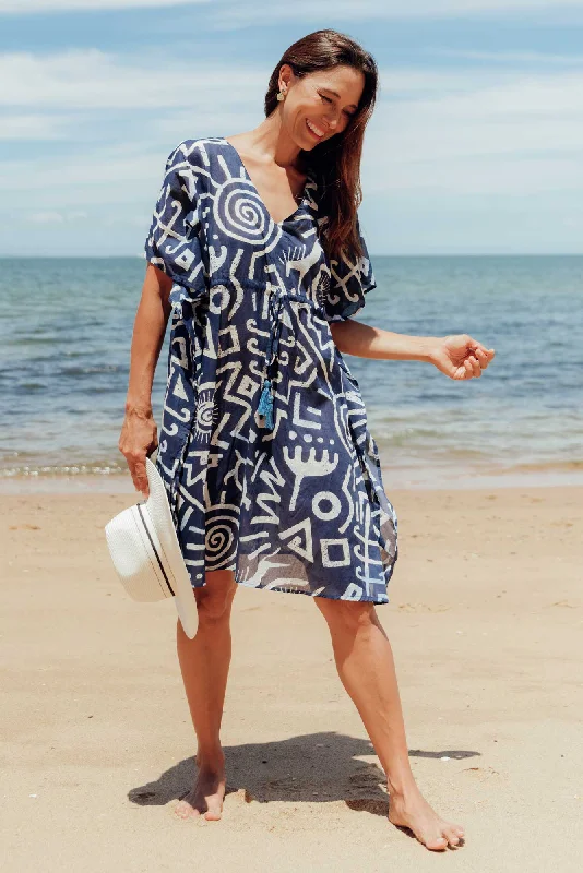 Midi dresses with ruffled hems for a romantic date night Isabel Blue Geo Cotton Kaftan Midi dresses with ruffled hems for a romantic date night Isabel Blue Geo Cotton Kaftan