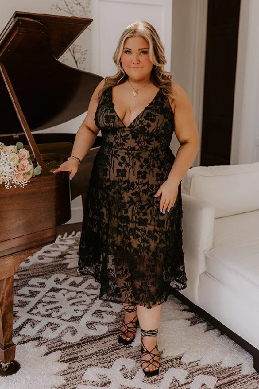 A - line midi dresses with floral prints for spring brunches Romantic Moment Embroidered Midi Dress in Black Curves A - line midi dresses with floral prints for spring brunches Romantic Moment Embroidered Midi Dress in Black Curves