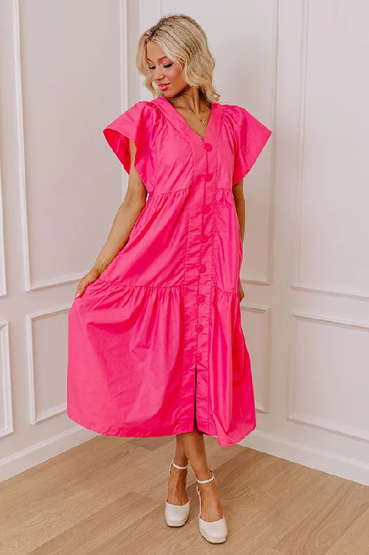 Maxi - inspired midi dresses with flowing fabrics for a beachy vibe Subtle Charm Button Down Midi Dress in Pink Maxi - inspired midi dresses with flowing fabrics for a beachy vibe Subtle Charm Button Down Midi Dress in Pink