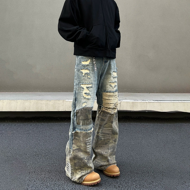 Distressed Patchwork Wide-Leg Jeans