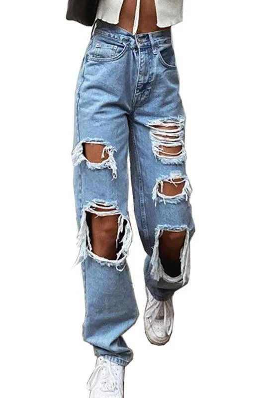 High - waisted women jeans for a flattering silhouetteLadies Ripped Denim Jeans