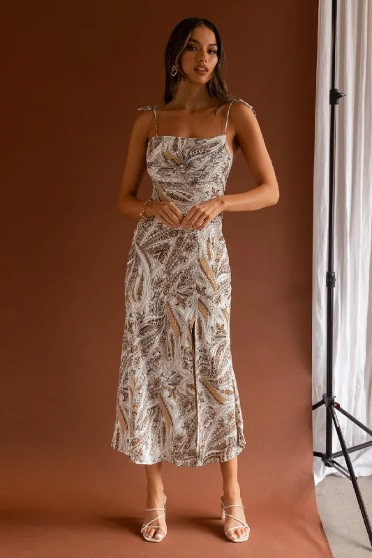 Sleeveless Women Dress in Bright Colors for Summer PartiesAbout Town Tied Shoulder Midi Dress Paisley White Sleeveless Women Dress in Bright Colors for Summer PartiesAbout Town Tied Shoulder Midi Dress Paisley White