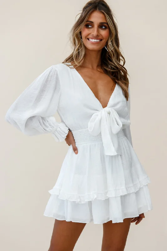 Long - Sleeve Women Dress in Velvet for a Luxurious Winter LookAnthea Bow-Tie Front Layered Frill Dress White Long - Sleeve Women Dress in Velvet for a Luxurious Winter LookAnthea Bow-Tie Front Layered Frill Dress White