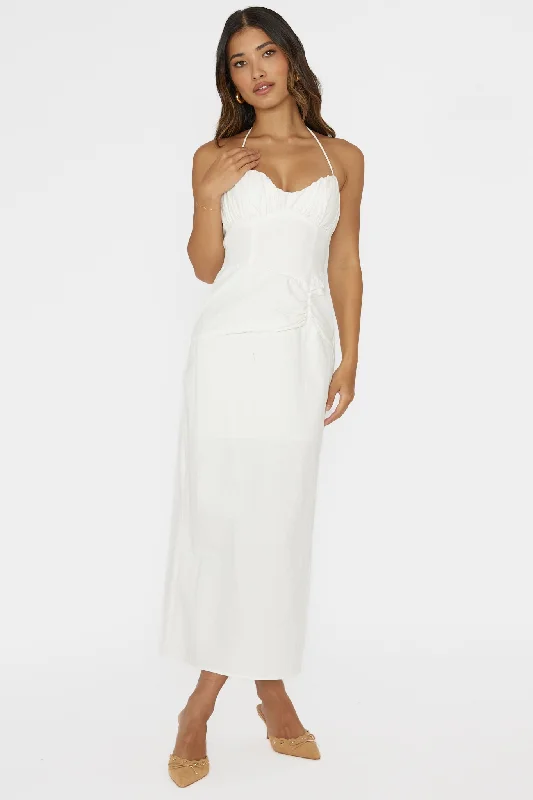 Strapless Women Dress with a Built - in Bra for Comfort and SupportArielle Gathered Bust Halterneck Midi Dress White Strapless Women Dress with a Built - in Bra for Comfort and SupportArielle Gathered Bust Halterneck Midi Dress White