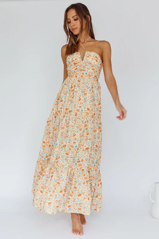 Halter Neck Women Dress to Show Off the Shoulders and NecklineAsiah Halterneck Maxi Dress Flowers Orange Halter Neck Women Dress to Show Off the Shoulders and NecklineAsiah Halterneck Maxi Dress Flowers Orange