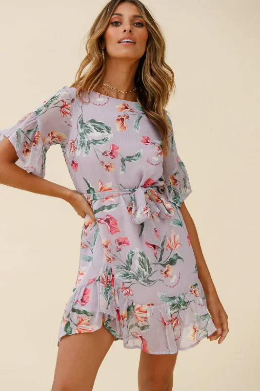 Shift Women Dress with a Simple and Classic Design for Everyday WearAzealia Ruffle Hem Dress Botanic Print Purple Shift Women Dress with a Simple and Classic Design for Everyday WearAzealia Ruffle Hem Dress Botanic Print Purple