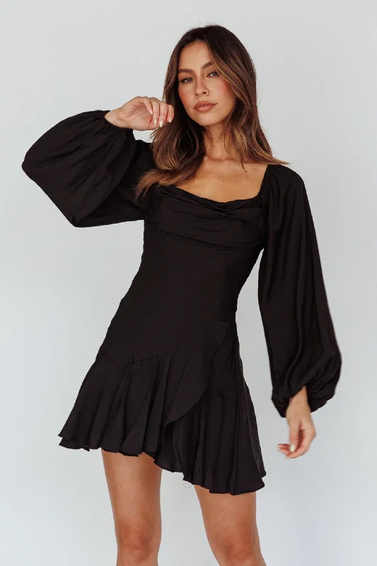 Lace - Embellished Women Dress for an Elegant and Sophisticated AppearanceBeaujolais Long Sleeve Cowl Neckline Ruffle Satin Mini Dress Black Lace - Embellished Women Dress for an Elegant and Sophisticated AppearanceBeaujolais Long Sleeve Cowl Neckline Ruffle Satin Mini Dress Black