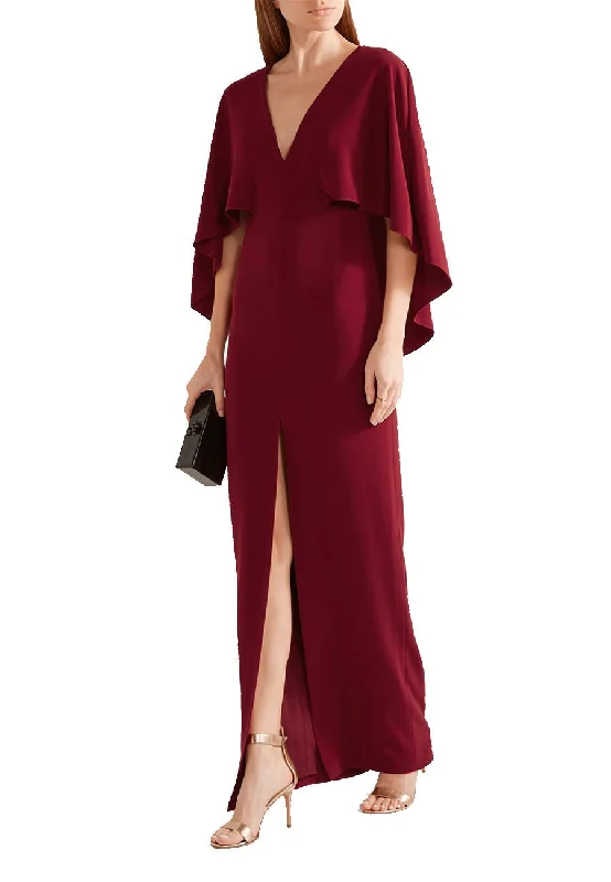 Wrap - Style Women Dress with Adjustable Fit for All Body TypesBurgundy Cape Plunging Back Gown Wrap - Style Women Dress with Adjustable Fit for All Body TypesBurgundy Cape Plunging Back Gown