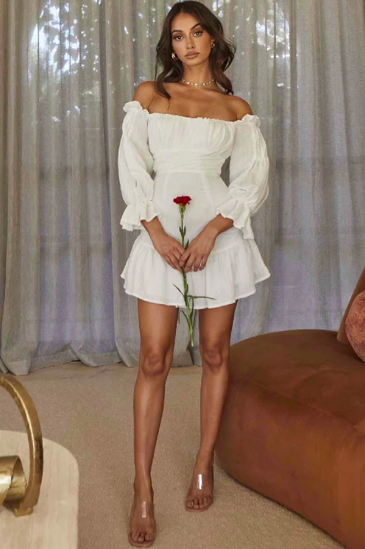Empire Waist Women Dress to Accentuate the Bust and Conceal the WaistBy My Side Off-Shoulder Balloon Sleeve Dress White Empire Waist Women Dress to Accentuate the Bust and Conceal the WaistBy My Side Off-Shoulder Balloon Sleeve Dress White