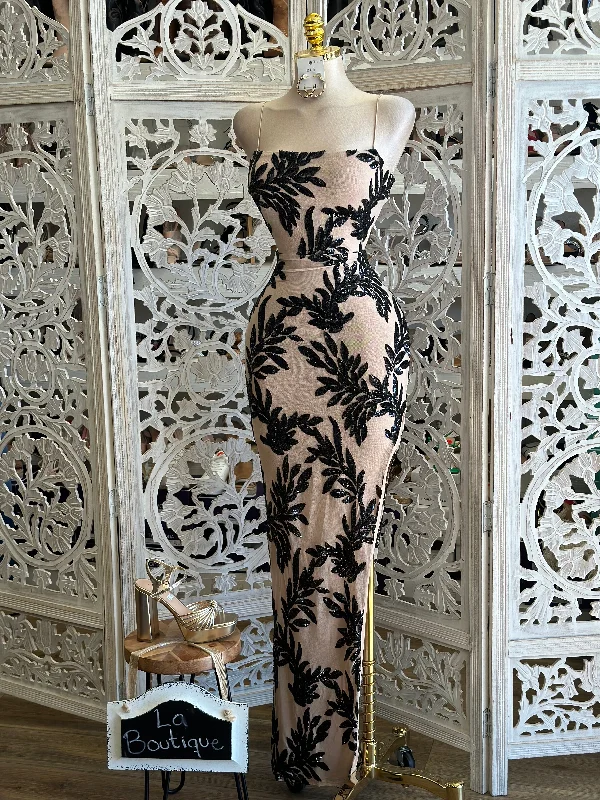 Plus Size Women Dress with a Flattering A - Line Cut for Comfort and StyleCami Leaf Patter Sequin Maxi Dress- Stretchy, Estira Plus Size Women Dress with a Flattering A - Line Cut for Comfort and StyleCami Leaf Patter Sequin Maxi Dress- Stretchy, Estira