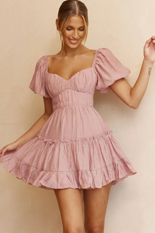 Long - Sleeve Women Dress in Velvet for a Luxurious Winter LookCamille Gathered Bodice Puff Sleeve Flounce Hem Mini Dress Blush Long - Sleeve Women Dress in Velvet for a Luxurious Winter LookCamille Gathered Bodice Puff Sleeve Flounce Hem Mini Dress Blush