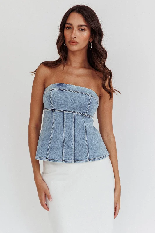 Maxi Women Dress with Floral Print for a Bohemian VibeCathlin Strapless Top Denim Blue Maxi Women Dress with Floral Print for a Bohemian VibeCathlin Strapless Top Denim Blue