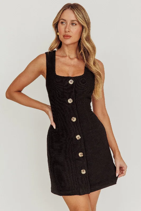 Lace - Embellished Women Dress for an Elegant and Sophisticated AppearanceCelina Buttoned Knit Mini Dress Black Lace - Embellished Women Dress for an Elegant and Sophisticated AppearanceCelina Buttoned Knit Mini Dress Black