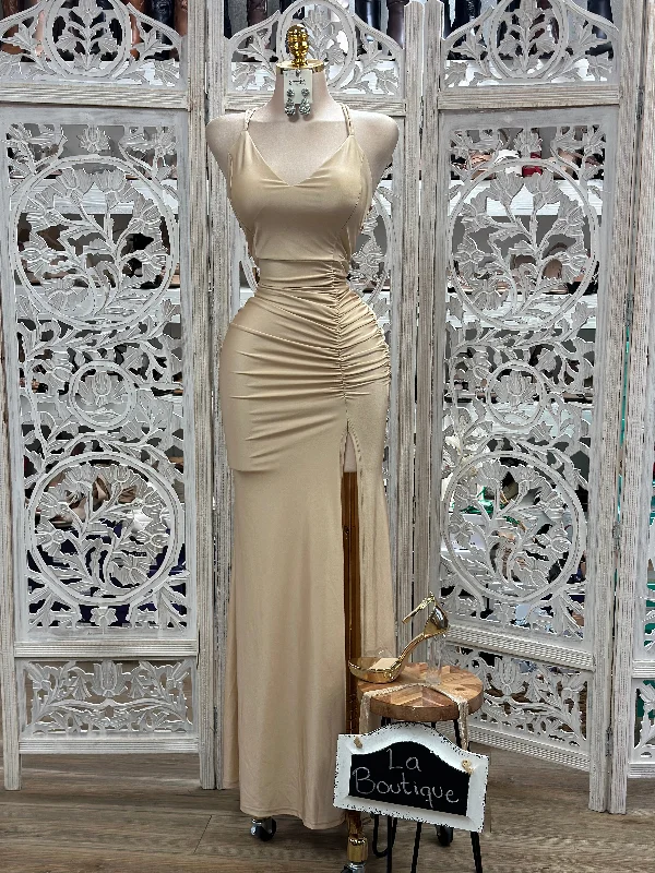 Empire Waist Women Dress to Accentuate the Bust and Conceal the WaistChampagne Ruched Gown- Slightly Stretchy, Estira Poco Empire Waist Women Dress to Accentuate the Bust and Conceal the WaistChampagne Ruched Gown- Slightly Stretchy, Estira Poco