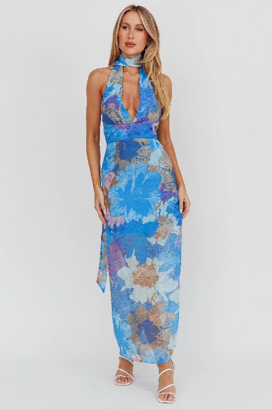 Pleated Women Dress with a Timeless and Elegant TextureCipriana Backless Halter Maxi Dress Floral Blue Pleated Women Dress with a Timeless and Elegant TextureCipriana Backless Halter Maxi Dress Floral Blue