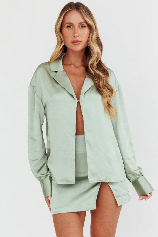 Pleated Women Dress with a Timeless and Elegant TextureCoco Long Sleeve Satin Shirt Sage Pleated Women Dress with a Timeless and Elegant TextureCoco Long Sleeve Satin Shirt Sage