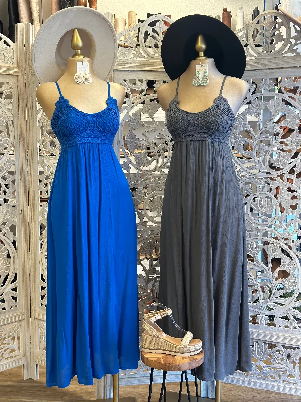 Pleated Women Dress with a Timeless and Elegant TextureCrochet Top Maxi Dress - Estira, Stretchy Pleated Women Dress with a Timeless and Elegant TextureCrochet Top Maxi Dress - Estira, Stretchy