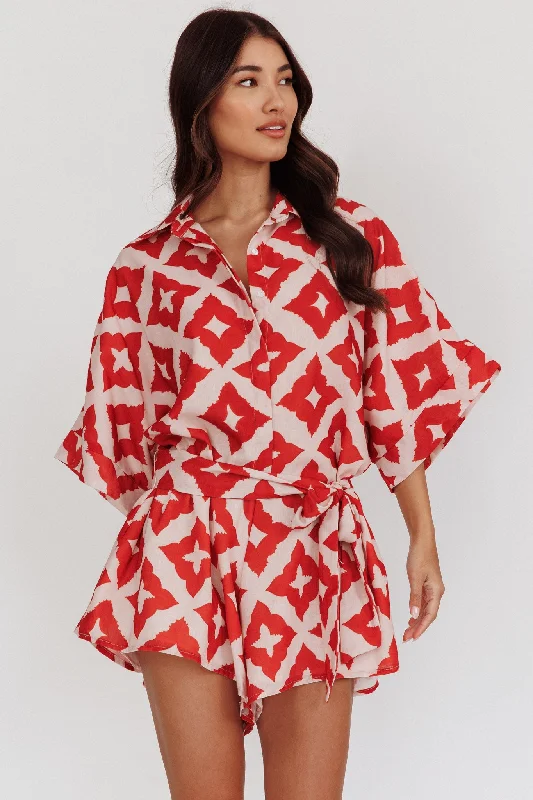 Off - the - Shoulder Women Dress for a Romantic and Feminine LookDaytona Beach Button-Up Romper Print Burgundy Off - the - Shoulder Women Dress for a Romantic and Feminine LookDaytona Beach Button-Up Romper Print Burgundy
