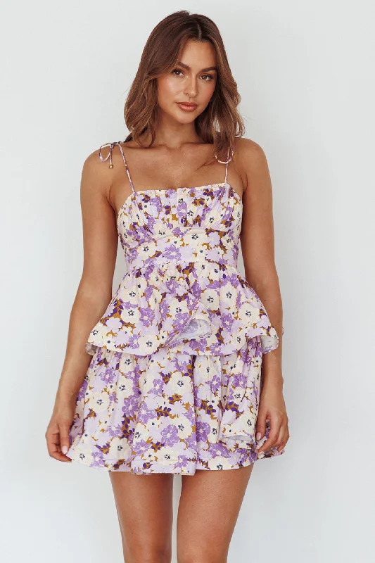 Printed Abstract Women Dress for a Modern and Artistic AppealDodi Tied Shoulder Layered Mini Dress Floral Purple Printed Abstract Women Dress for a Modern and Artistic AppealDodi Tied Shoulder Layered Mini Dress Floral Purple