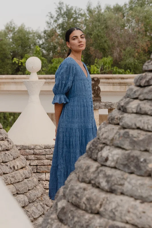 Mini Women Dress with a Short Hem for a Young and Trendy StyleDreamy Steel Blue Bubble SS Button Front Tiered Maxi Dress