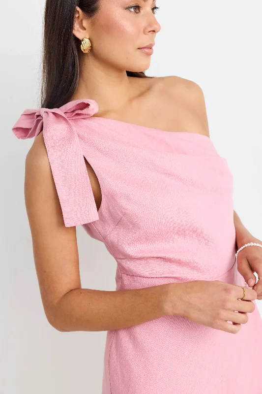 Empire Waist Women Dress to Accentuate the Bust and Conceal the WaistEcstatic Blush Linen Blend One Shoulder Bow Mini Dress Empire Waist Women Dress to Accentuate the Bust and Conceal the WaistEcstatic Blush Linen Blend One Shoulder Bow Mini Dress
