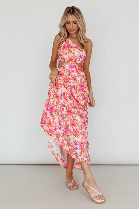 Strapless Women Dress with a Built - in Bra for Comfort and SupportEvening Breeze Cut-Out Waist Maxi Dress Floral Pink Strapless Women Dress with a Built - in Bra for Comfort and SupportEvening Breeze Cut-Out Waist Maxi Dress Floral Pink