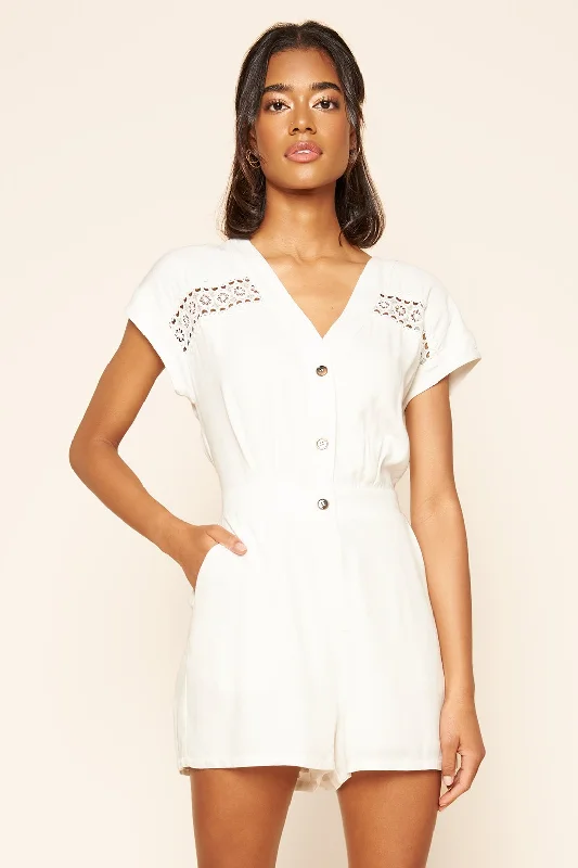 Strapless women jumpsuits for a beachside wedding or resort wearExplorer Lace Inset Romper Strapless women jumpsuits for a beachside wedding or resort wearExplorer Lace Inset Romper