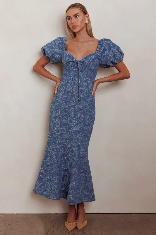 Backless Women Dress for a Sexy and Alluring Look at Evening EventsFeeling Electric Puff Sleeves Mermaid Maxi Dress Denim Blue Backless Women Dress for a Sexy and Alluring Look at Evening EventsFeeling Electric Puff Sleeves Mermaid Maxi Dress Denim Blue