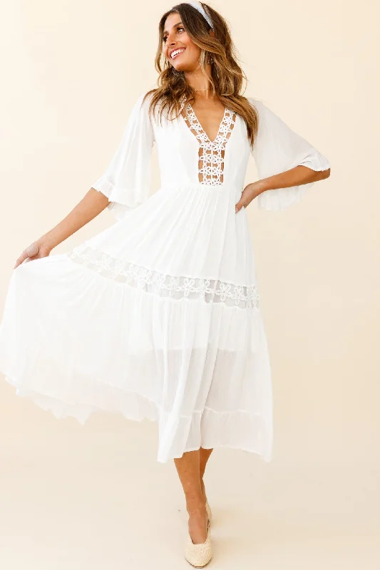 Empire Waist Women Dress to Accentuate the Bust and Conceal the WaistFeeling Groovy Bell Sleeve Crochet Trim Maxi Dress White Empire Waist Women Dress to Accentuate the Bust and Conceal the WaistFeeling Groovy Bell Sleeve Crochet Trim Maxi Dress White