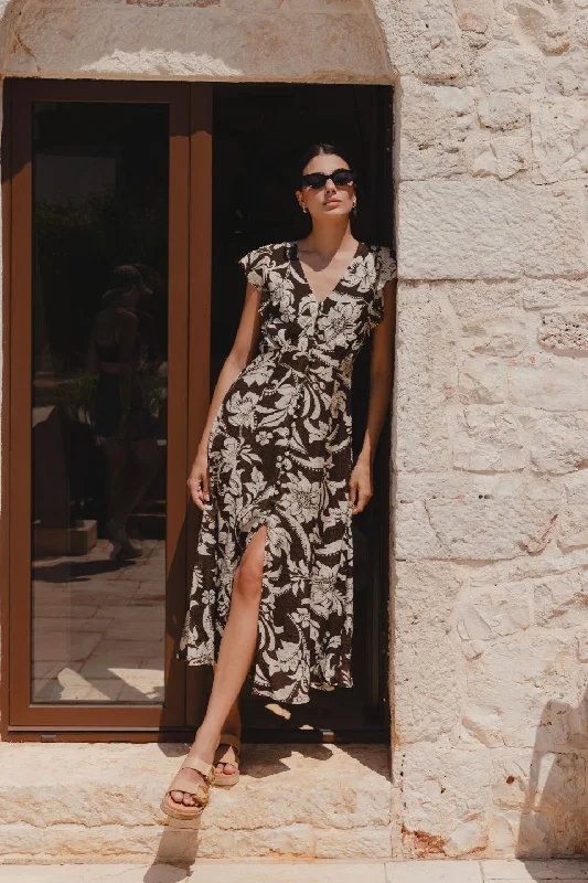 Mini Women Dress with a Short Hem for a Young and Trendy StyleFlawless Chocolate Floral Fluted Sleeve Button Front Midi Dress