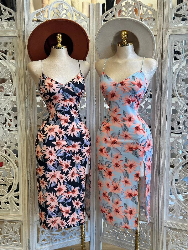 Off - the - Shoulder Women Dress for a Romantic and Feminine LookFloral Thing Strap Slit Midi Dress- Estira, Stretchy Off - the - Shoulder Women Dress for a Romantic and Feminine LookFloral Thing Strap Slit Midi Dress- Estira, Stretchy
