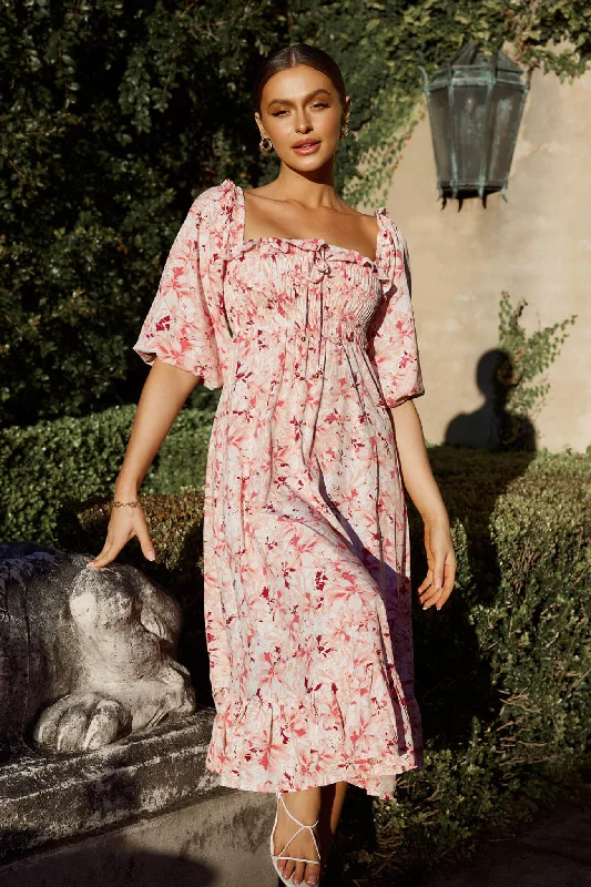 Halter Neck Women Dress to Show Off the Shoulders and NecklineFlynn Balloon Sleeve Shirred Midi Dress Floral Pink Halter Neck Women Dress to Show Off the Shoulders and NecklineFlynn Balloon Sleeve Shirred Midi Dress Floral Pink
