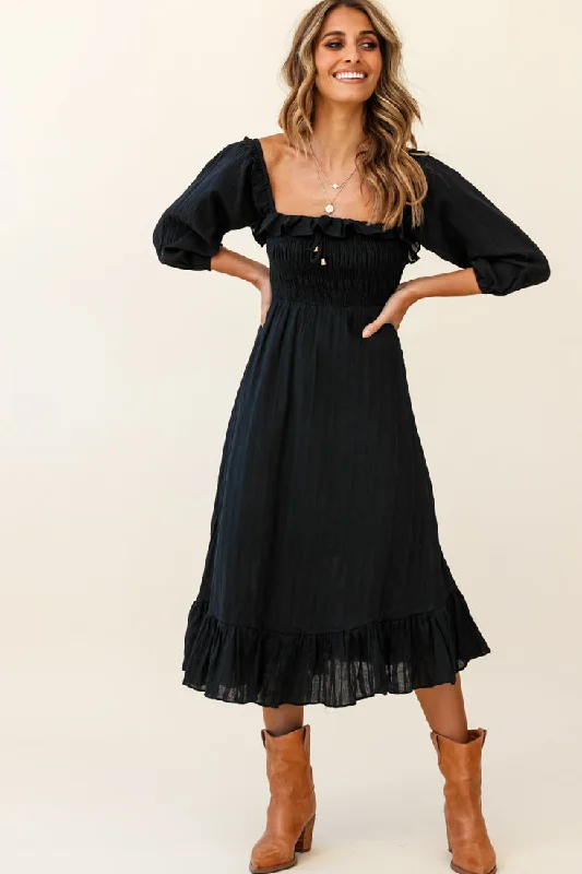 Plus Size Women Dress with a Flattering A - Line Cut for Comfort and StyleFlynn Off-Shoulder Shirred Bust Midi Dress Black Plus Size Women Dress with a Flattering A - Line Cut for Comfort and StyleFlynn Off-Shoulder Shirred Bust Midi Dress Black