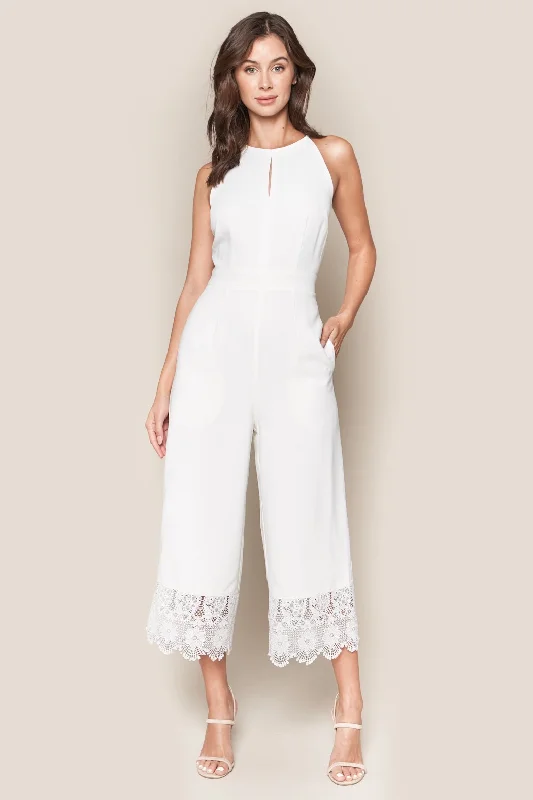 Women jumpsuits with abstract prints for an artistic and unique outfitForever Yours White Lace Trim Jumpsuit Women jumpsuits with abstract prints for an artistic and unique outfitForever Yours White Lace Trim Jumpsuit