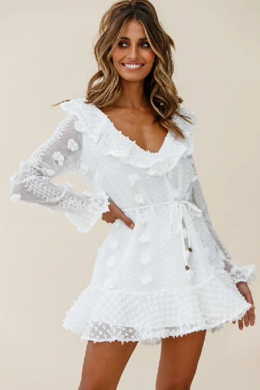 Pleated Women Dress with a Timeless and Elegant TextureGeorgie Long Sleeve Frill Neckline Embellished Chiffon Dress White Pleated Women Dress with a Timeless and Elegant TextureGeorgie Long Sleeve Frill Neckline Embellished Chiffon Dress White