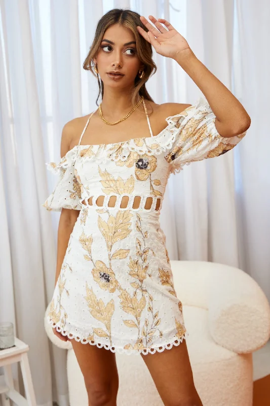 Sleeveless Women Dress in Bright Colors for Summer PartiesHappy Days Halterneck Puff Sleeve Eyelet Dress Floral Print Sunflower Sleeveless Women Dress in Bright Colors for Summer PartiesHappy Days Halterneck Puff Sleeve Eyelet Dress Floral Print Sunflower