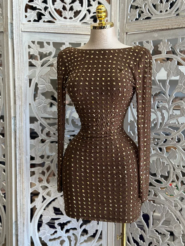 Mini Women Dress with a Short Hem for a Young and Trendy StyleGold Rhinestone Scoop Back Mini Dress- Stretchy, Estira Mini Women Dress with a Short Hem for a Young and Trendy StyleGold Rhinestone Scoop Back Mini Dress- Stretchy, Estira