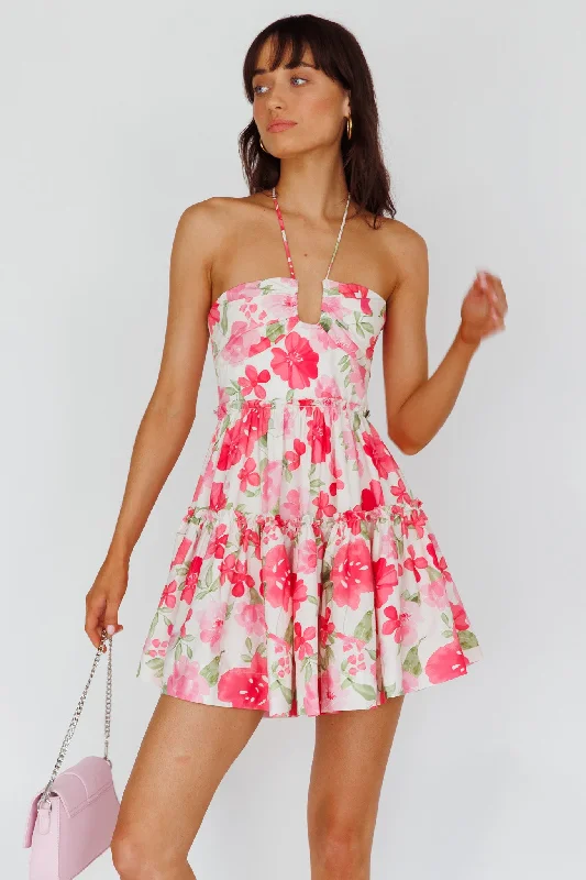 Empire Waist Women Dress to Accentuate the Bust and Conceal the WaistHorizons Frill Trim Mini Dress Floral Pink Empire Waist Women Dress to Accentuate the Bust and Conceal the WaistHorizons Frill Trim Mini Dress Floral Pink