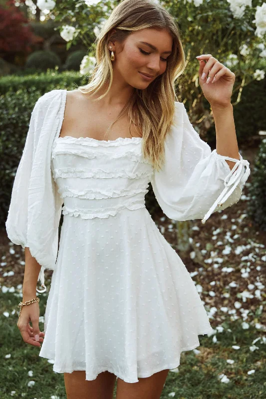 Shift Women Dress with a Simple and Classic Design for Everyday WearIllia Three-Quarter Balloon Sleeve Frill Bodice Dress White Shift Women Dress with a Simple and Classic Design for Everyday WearIllia Three-Quarter Balloon Sleeve Frill Bodice Dress White