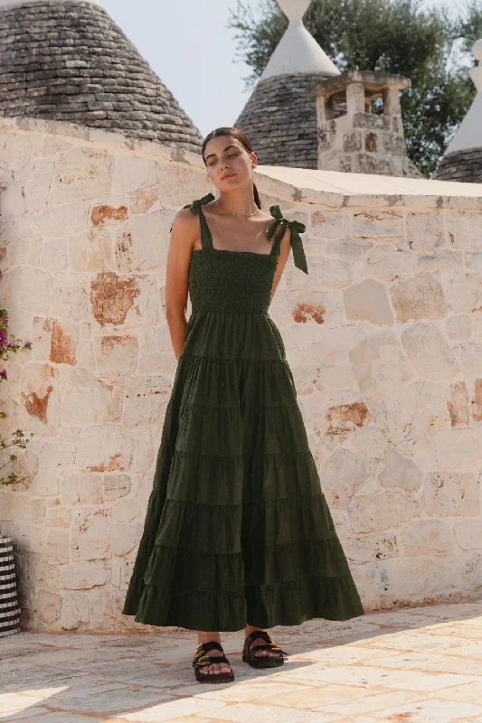 Plus Size Women Dress with a Flattering A - Line Cut for Comfort and StyleIsabella Khaki Cotton Poplin Strappy Tiered Maxi Dress Plus Size Women Dress with a Flattering A - Line Cut for Comfort and StyleIsabella Khaki Cotton Poplin Strappy Tiered Maxi Dress