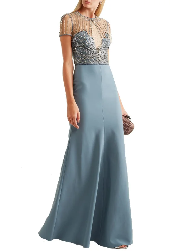 Long - Sleeve Women Dress in Velvet for a Luxurious Winter LookBlue Embellished Crepe Tulle Lace Open Back Gown Long - Sleeve Women Dress in Velvet for a Luxurious Winter LookBlue Embellished Crepe Tulle Lace Open Back Gown