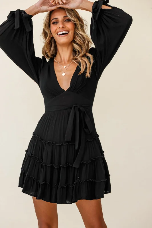 Empire Waist Women Dress to Accentuate the Bust and Conceal the WaistJocelyn Long Sleeve Tied Cuff Frill Dress Black Empire Waist Women Dress to Accentuate the Bust and Conceal the WaistJocelyn Long Sleeve Tied Cuff Frill Dress Black