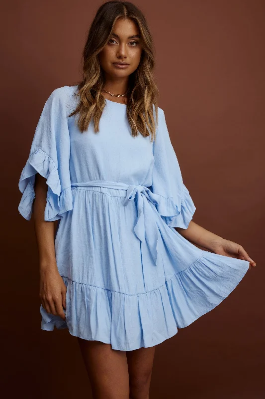 Sleeveless Women Dress in Bright Colors for Summer PartiesJoni Batwing Sleeve Waist Tie Dress Ruffle Blue Sleeveless Women Dress in Bright Colors for Summer PartiesJoni Batwing Sleeve Waist Tie Dress Ruffle Blue