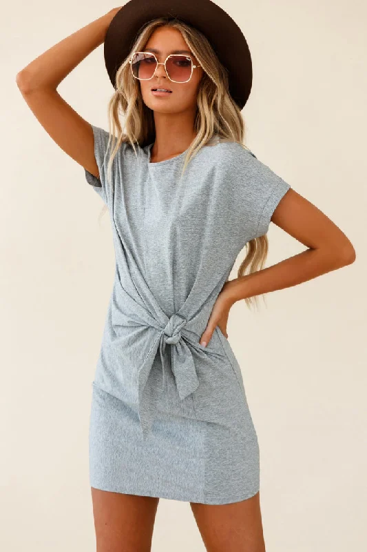 Strapless Women Dress with a Built - in Bra for Comfort and SupportKenya Tie Front T-Shirt Dress Grey Strapless Women Dress with a Built - in Bra for Comfort and SupportKenya Tie Front T-Shirt Dress Grey