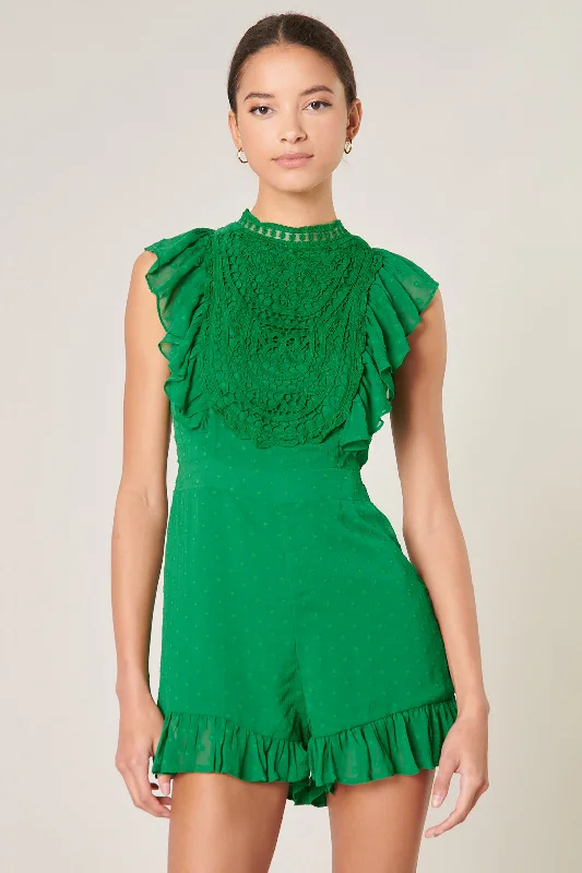 Women jumpsuits with tassel trims for a playful and fashionable touchKismet Lace Chiffon Dot Ruffle Romper Women jumpsuits with tassel trims for a playful and fashionable touchKismet Lace Chiffon Dot Ruffle Romper